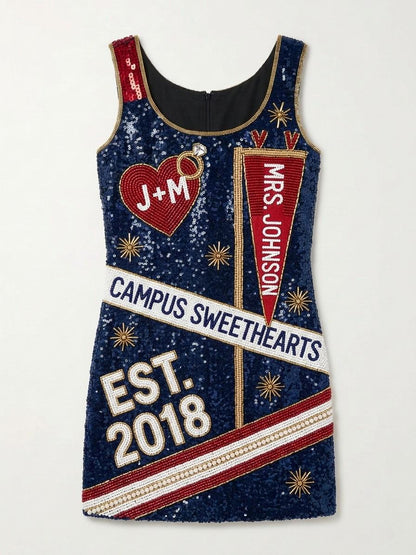 Campus Sweethearts Mrs. hand-beaded sequin reception dress, front