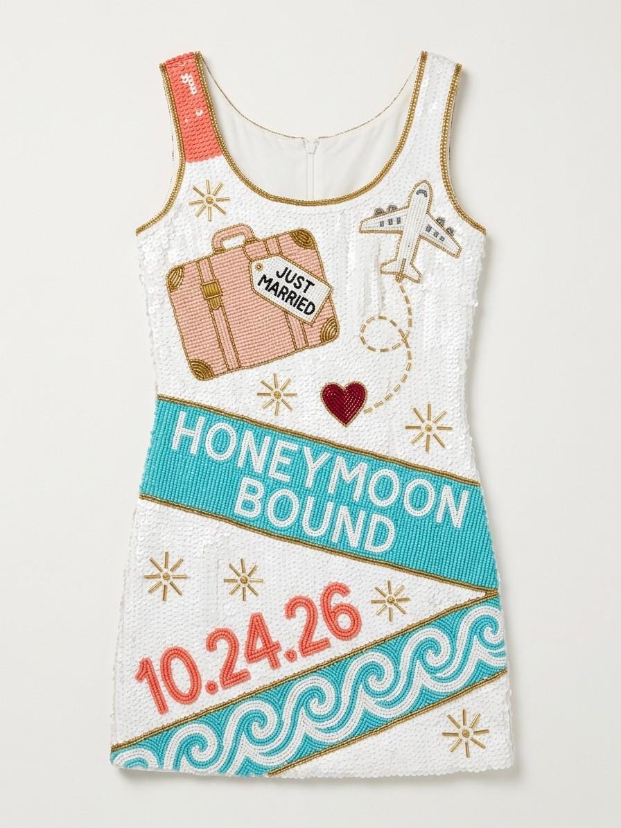 Honeymoon Bound hand-beaded sequin reception dress, front