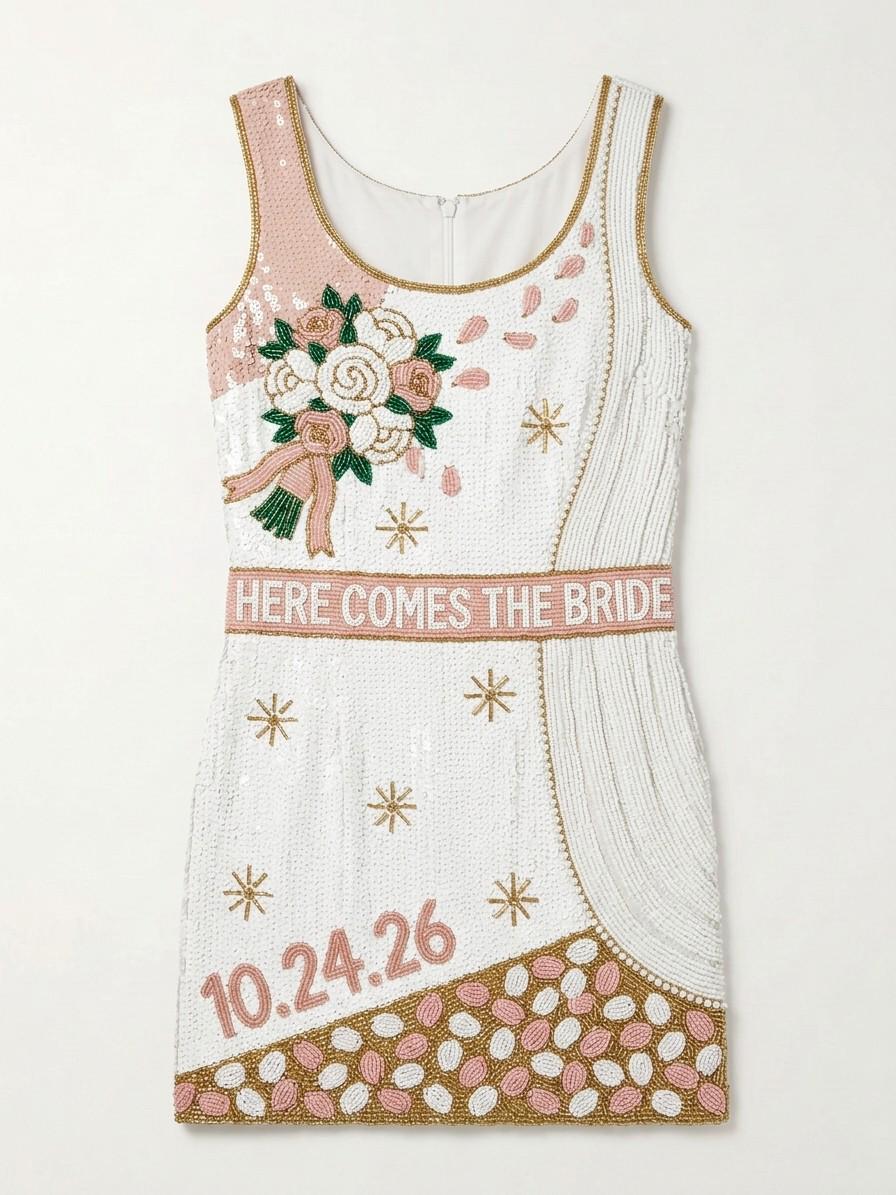 Bouquet Toss hand-beaded sequin reception dress, front