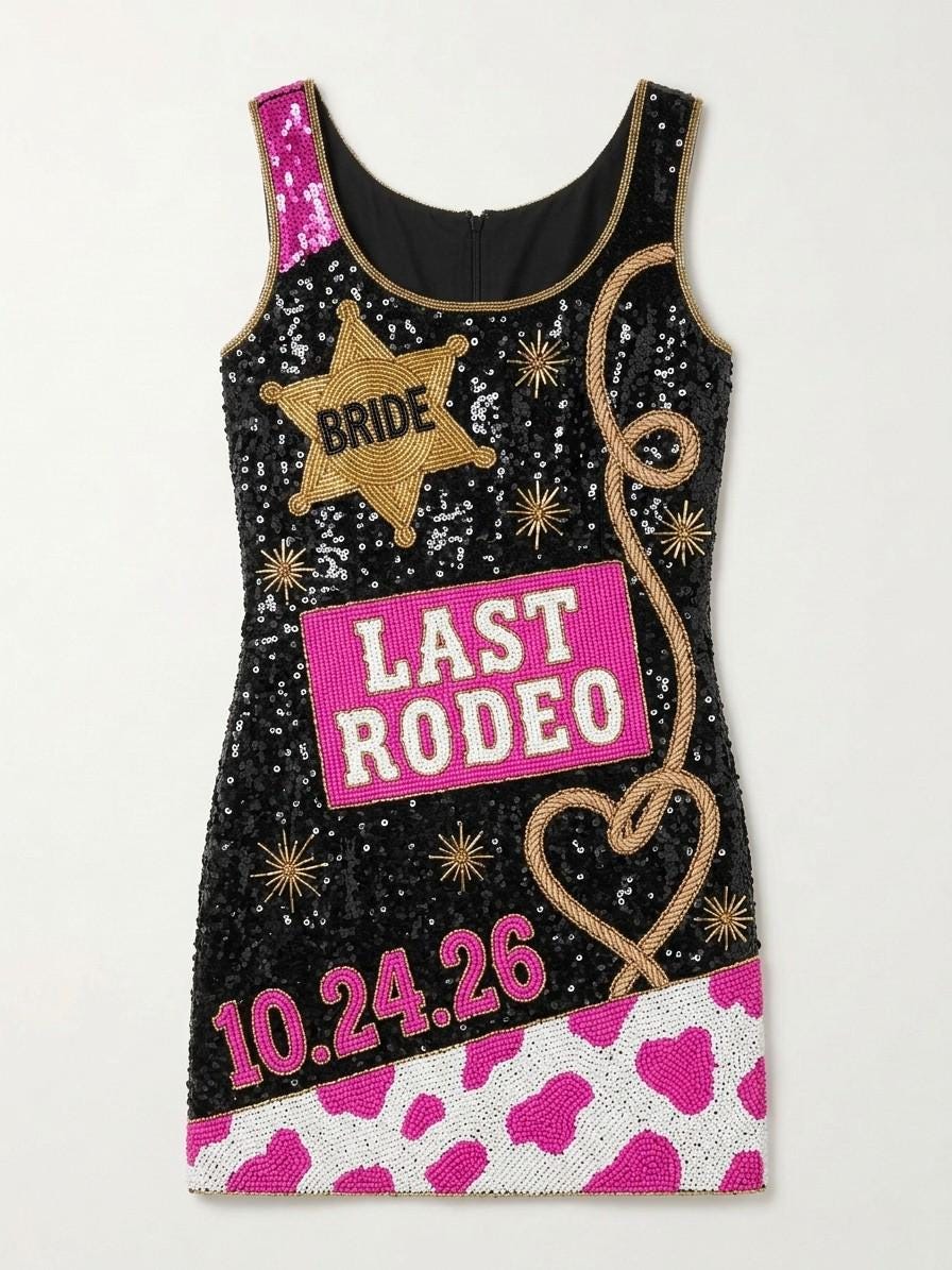 Last Rodeo hand-beaded sequin reception dress, front