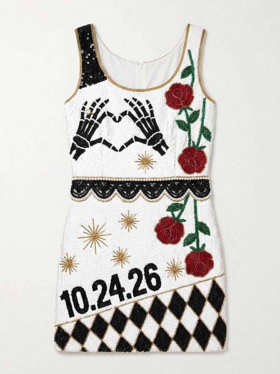 Til Death Hearts hand-beaded sequin reception dress, front