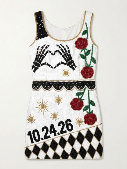 Til Death Hearts hand-beaded sequin reception dress, front