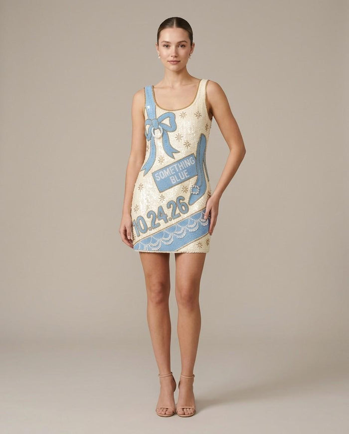 Something Blue hand-beaded sequin reception dress on model