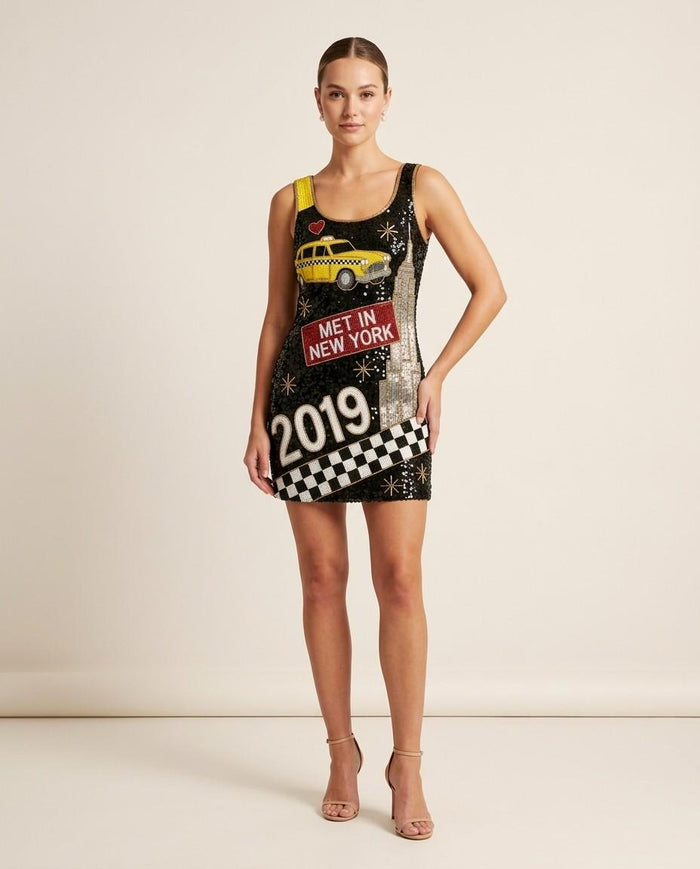 Met in the City hand-beaded sequin reception dress on model