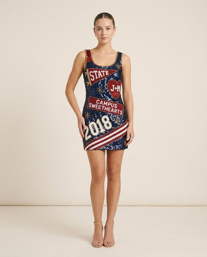 Campus Sweethearts hand-beaded sequin reception dress on model