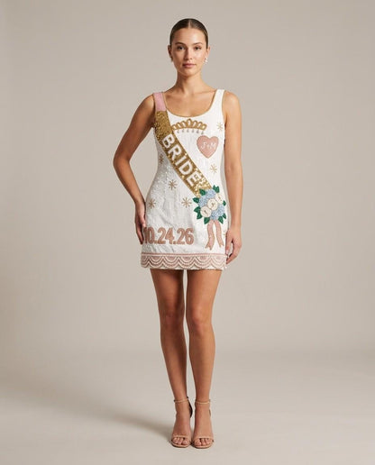 Bride Sash hand-beaded sequin reception dress on model