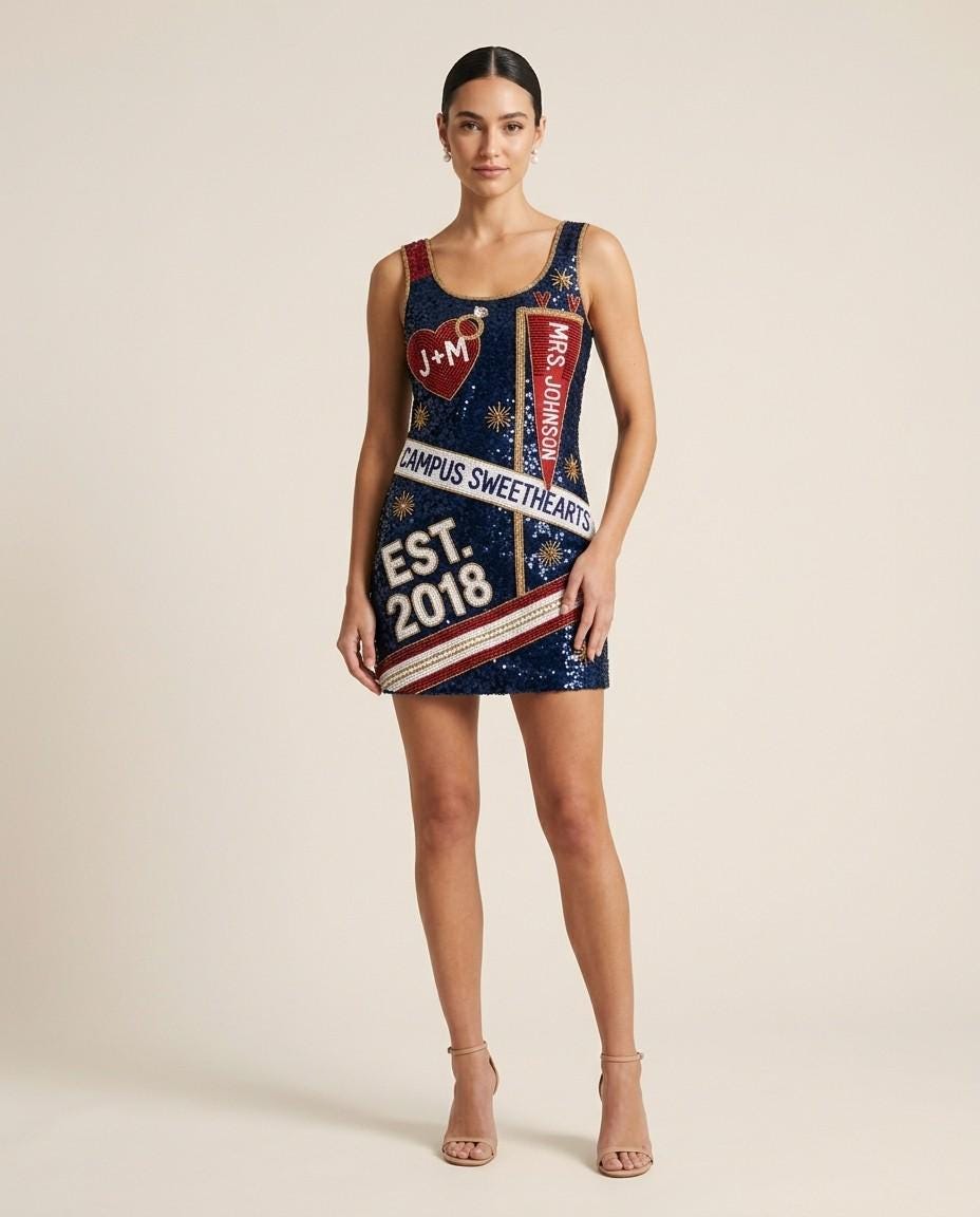 Campus Sweethearts Mrs. hand-beaded sequin reception dress on model