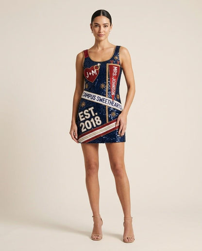 Campus Sweethearts Mrs. hand-beaded sequin reception dress on model
