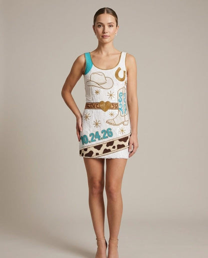 Rodeo Bride hand-beaded sequin reception dress on model