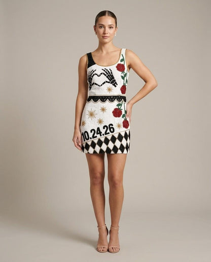 Til Death Hearts hand-beaded sequin reception dress on model