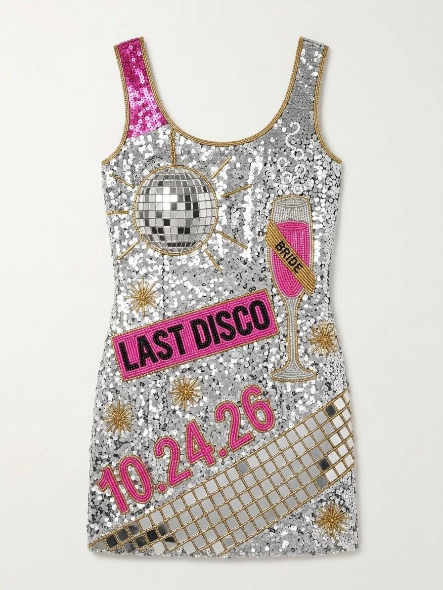 Last Disco hand-beaded sequin reception dress, front