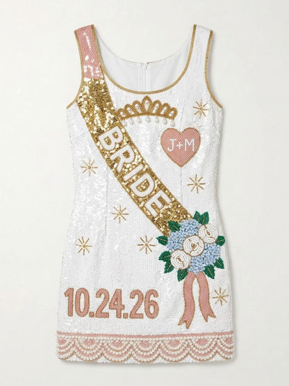 Bride Sash hand-beaded sequin reception dress, front