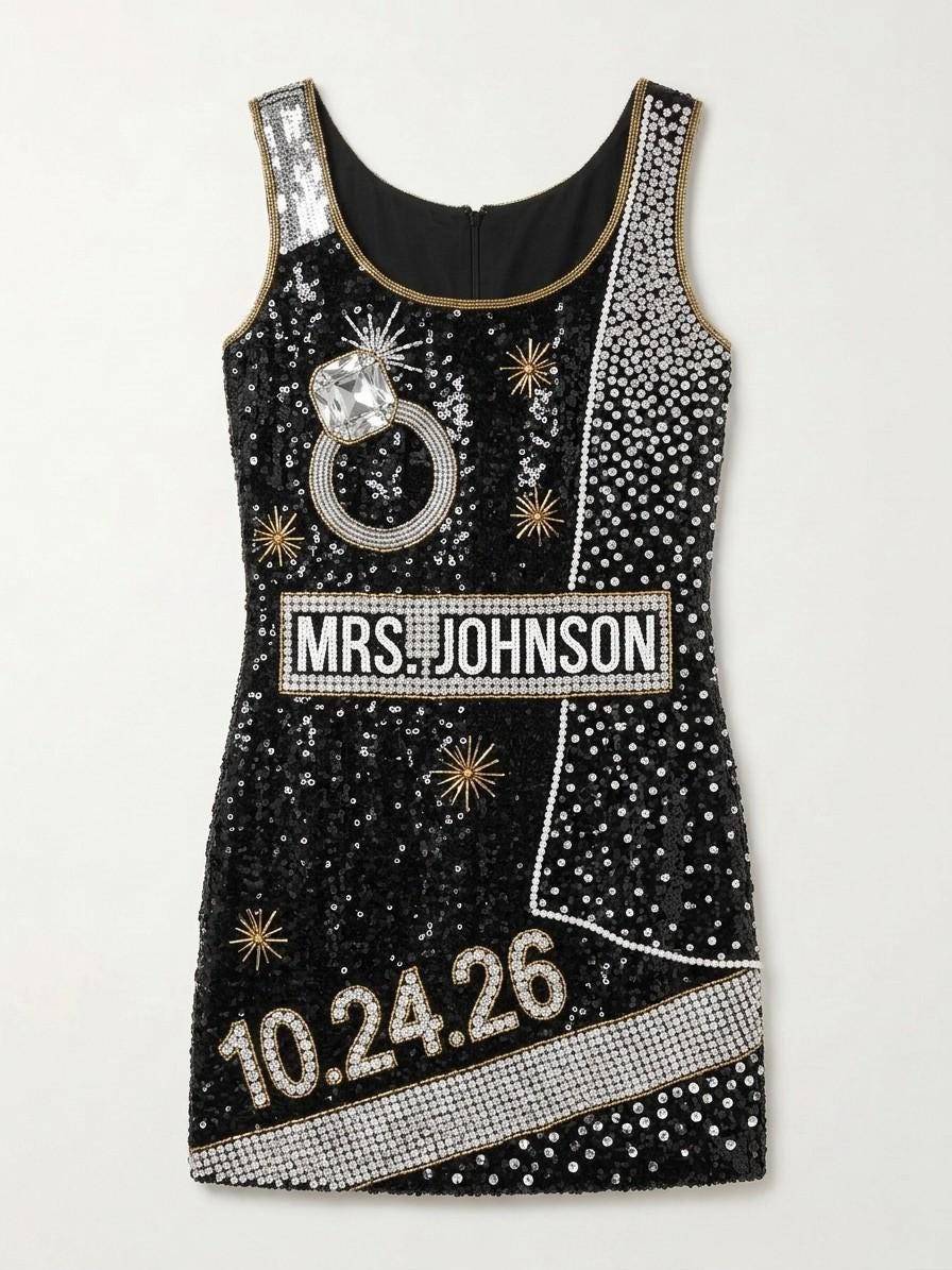 Mrs. Crystal Veil hand-beaded sequin reception dress, front