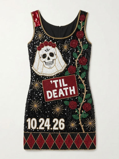Til Death hand-beaded sequin reception dress, front