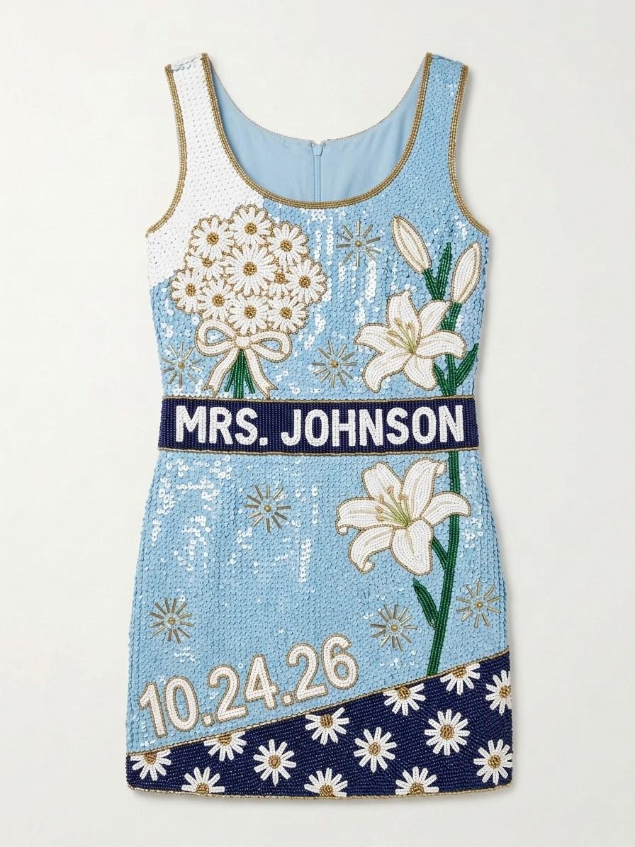 Daisy Mrs. hand-beaded sequin reception dress, front