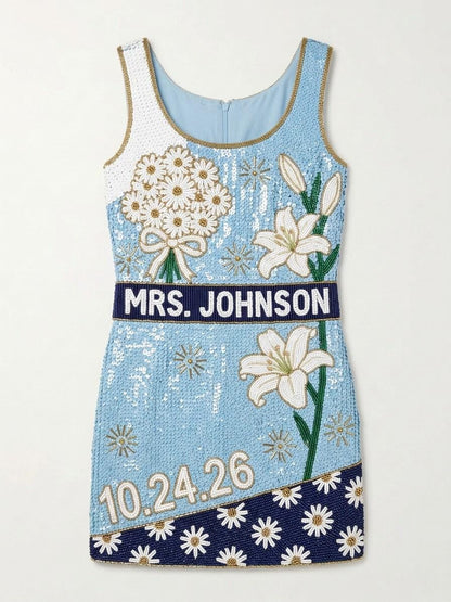 Daisy Mrs. hand-beaded sequin reception dress, front