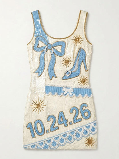 Blue Bow hand-beaded sequin reception dress, front
