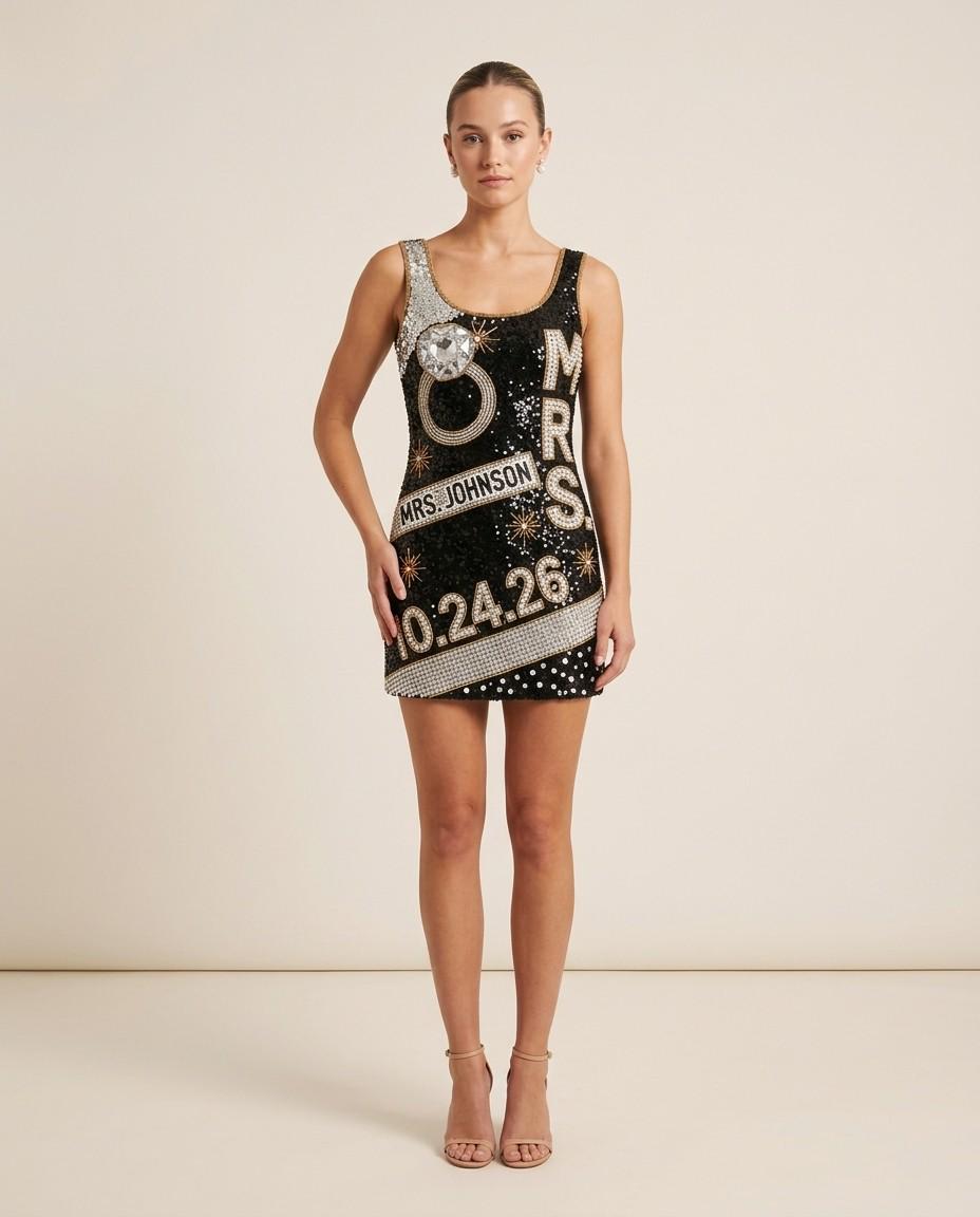 Mrs. Crystal Ring hand-beaded sequin reception dress on model