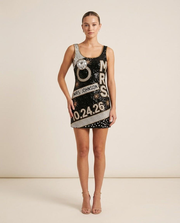 Mrs. Crystal Ring hand-beaded sequin reception dress on model