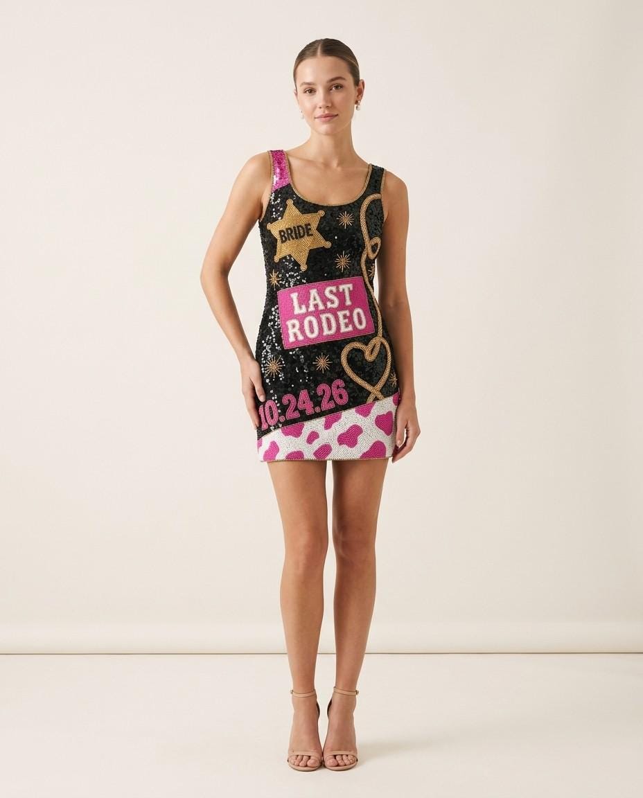 Last Rodeo hand-beaded sequin reception dress on model