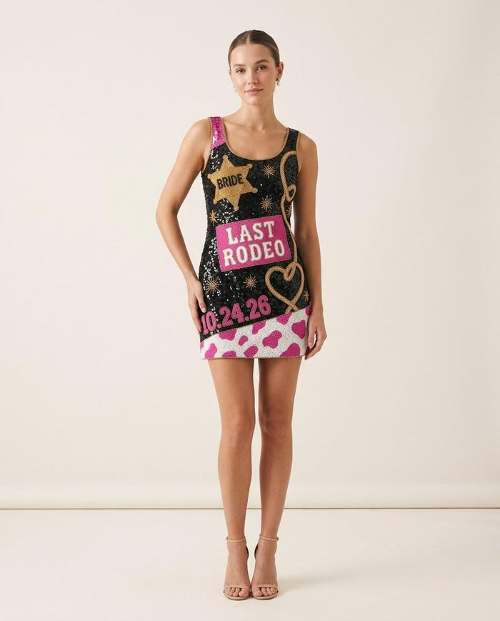 Last Rodeo hand-beaded sequin reception dress on model