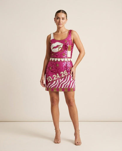 Bach Kiss hand-beaded sequin reception dress on model