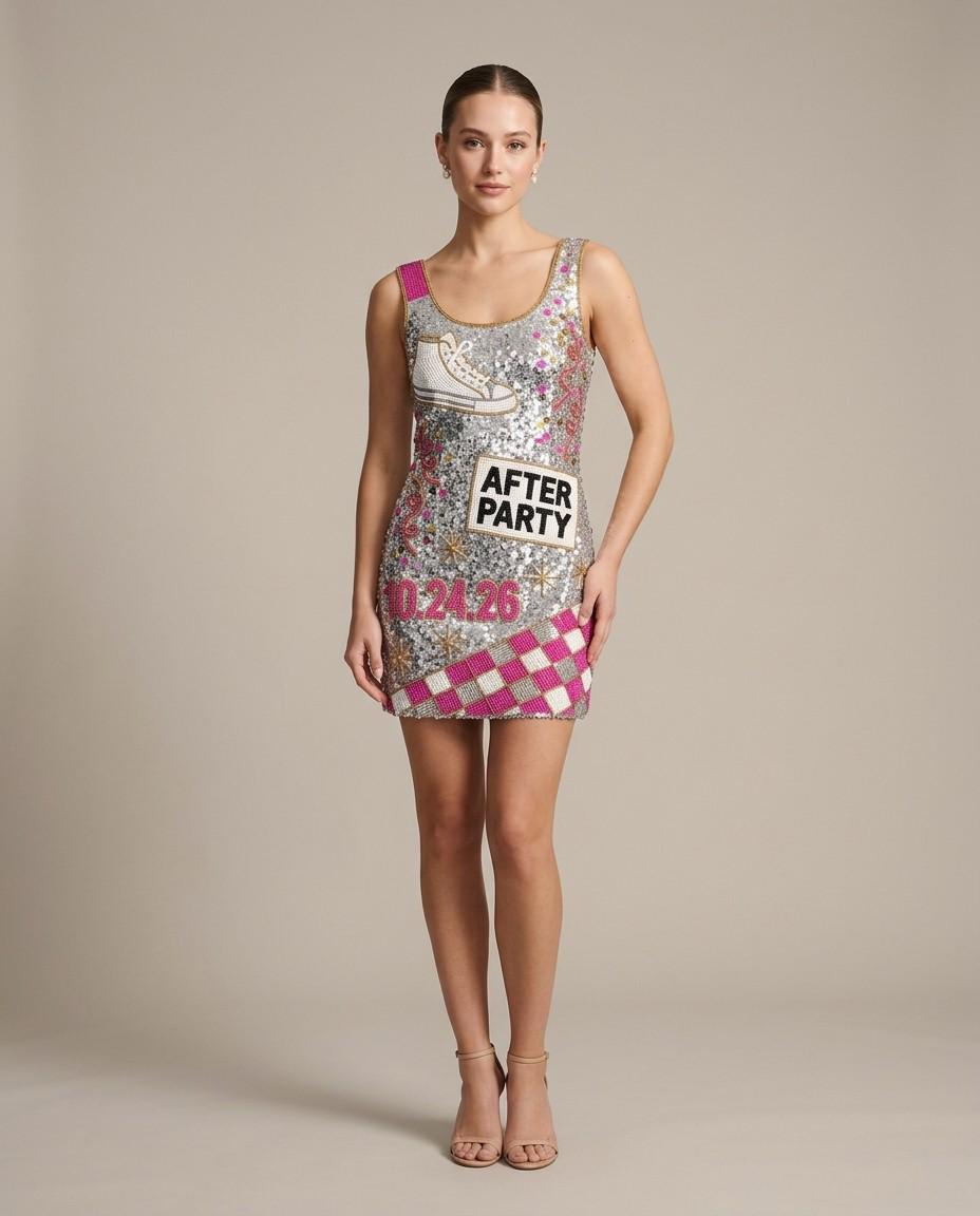 After Party hand-beaded sequin reception dress on model