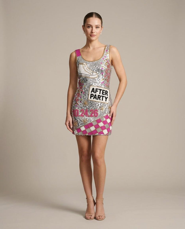 After Party hand-beaded sequin reception dress on model