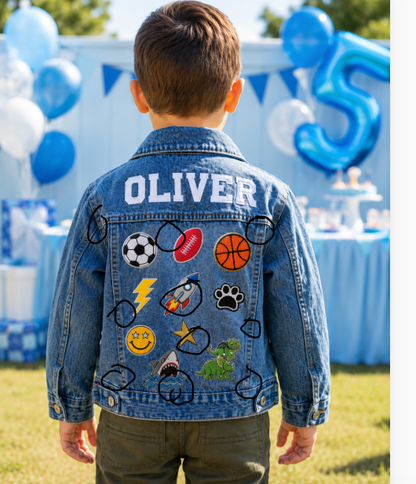 (Blue Denim) Custom Letter Patch Kids Denim Jacket