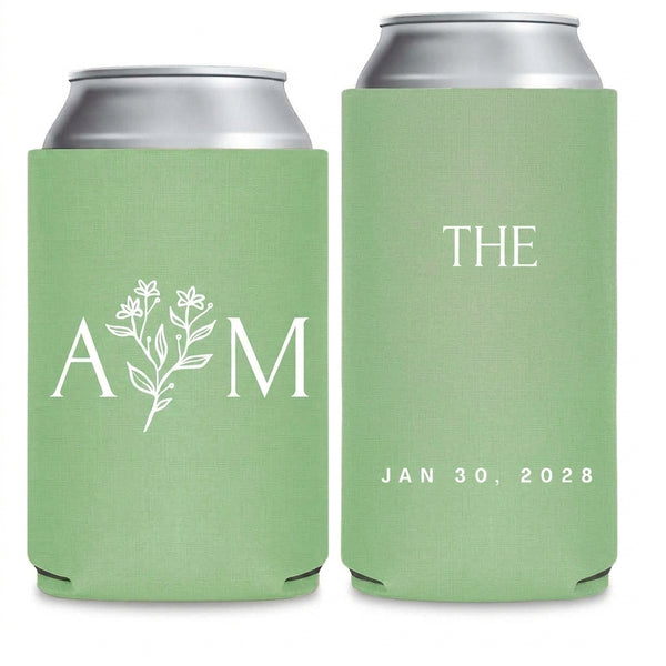 Initials In Bloom Wedding Can Coolers shown on standard and slim can coolers