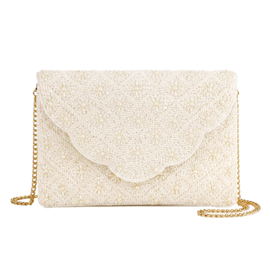 White Scallop Pearl Clutch | Handmade Beaded Bridal Purse