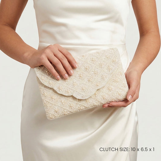 White Scallop Pearl Clutch | Handmade Beaded Bridal Purse