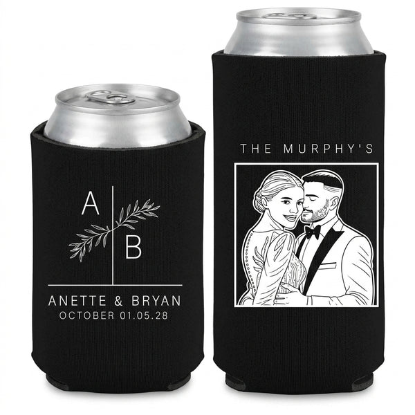 Just Married Wedding Can Coolers shown on standard and slim can coolers