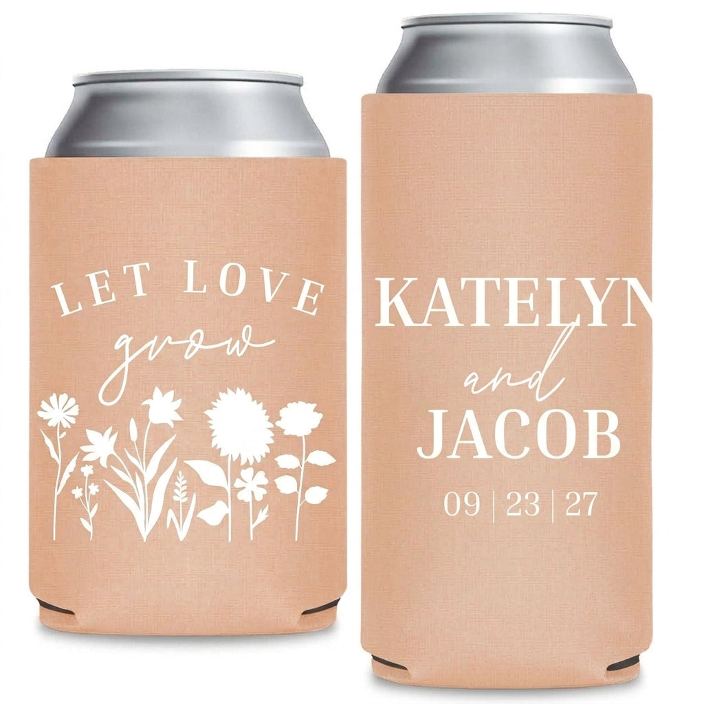 Let Love Grow Wedding Can Coolers shown on standard and slim can coolers