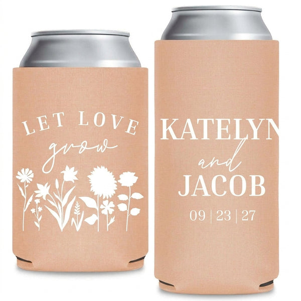 Let Love Grow Wedding Can Coolers shown on standard and slim can coolers