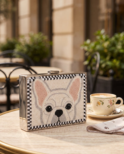 French Bulldog Beaded Clutch Purse, Custom Pet Portrait Evening Bag, Dog Mom Hand Beaded Handbag with Monogram or Date, Dog Lover Gift