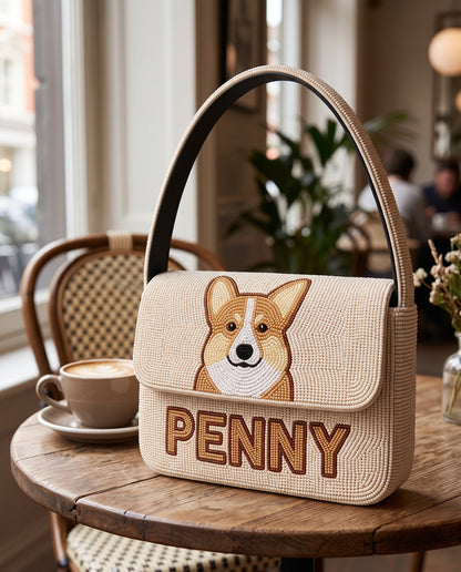Custom Pet Portrait Beaded Shoulder Bag, Personalized Dog Purse with Name, Hand Beaded Pet Lover Handbag, Custom Dog Mom Evening Bag