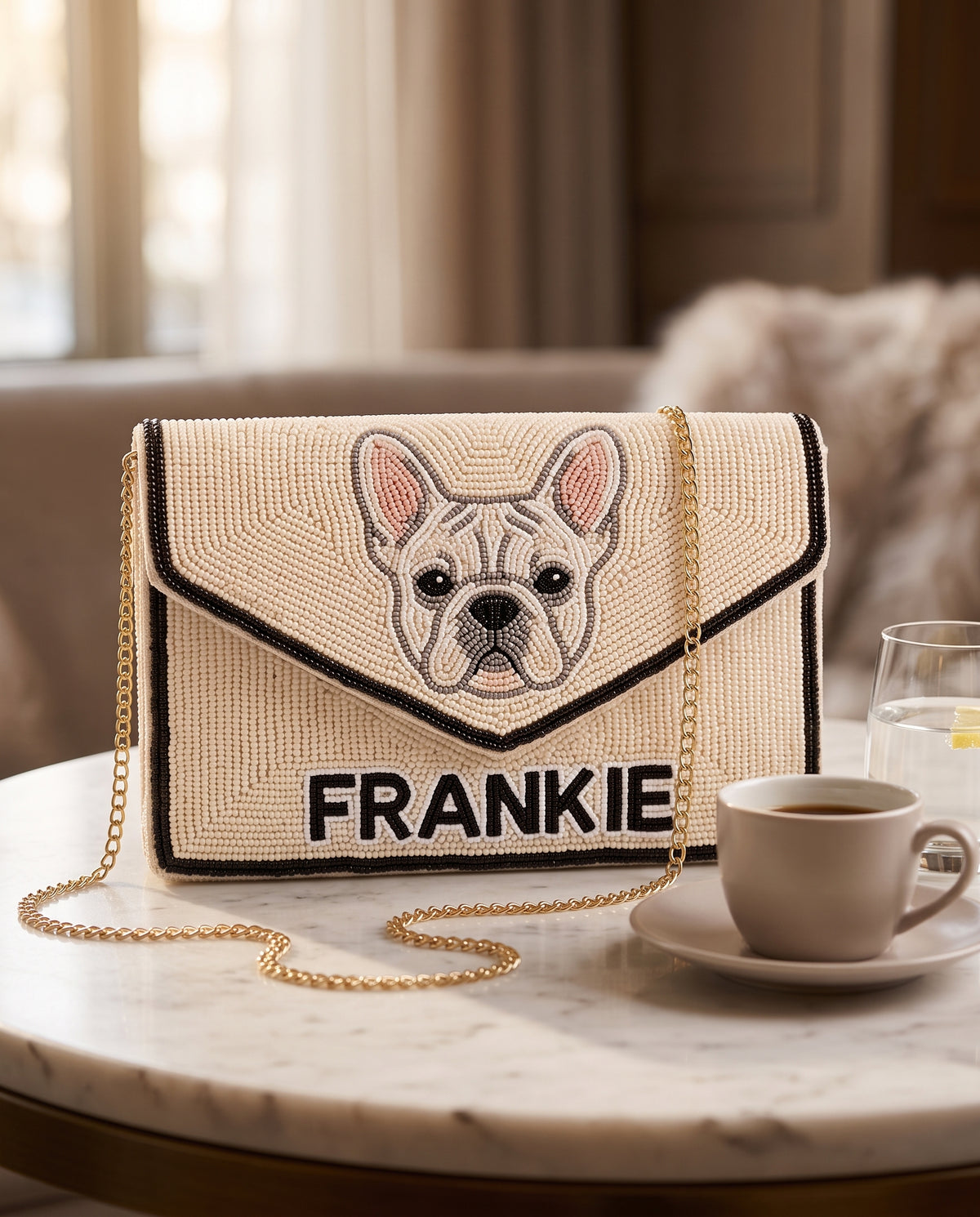 Custom Pet Portrait Beaded Clutch, Personalized Dog Name Hand Beaded Envelope Purse with Crossbody Chain, French Bulldog Bag Gift