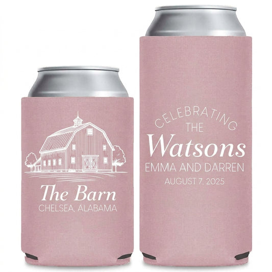 Location Love Wedding Can Coolers shown on standard and slim can coolers