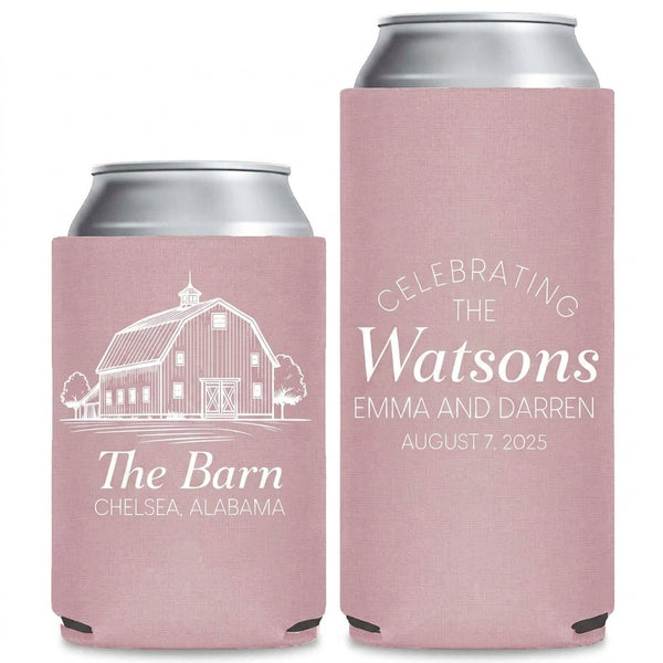 Location Love Wedding Can Coolers shown on standard and slim can coolers