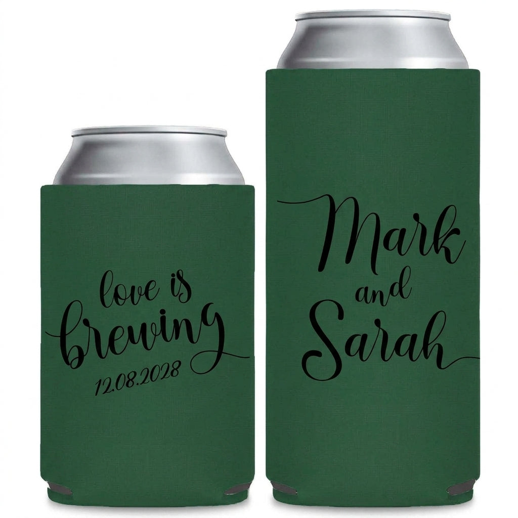 Love Is Brewing Wedding Can Coolers shown on standard and slim can coolers