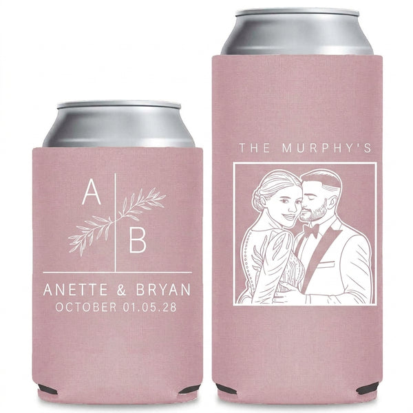 Love Story Wedding Can Coolers shown on standard and slim can coolers