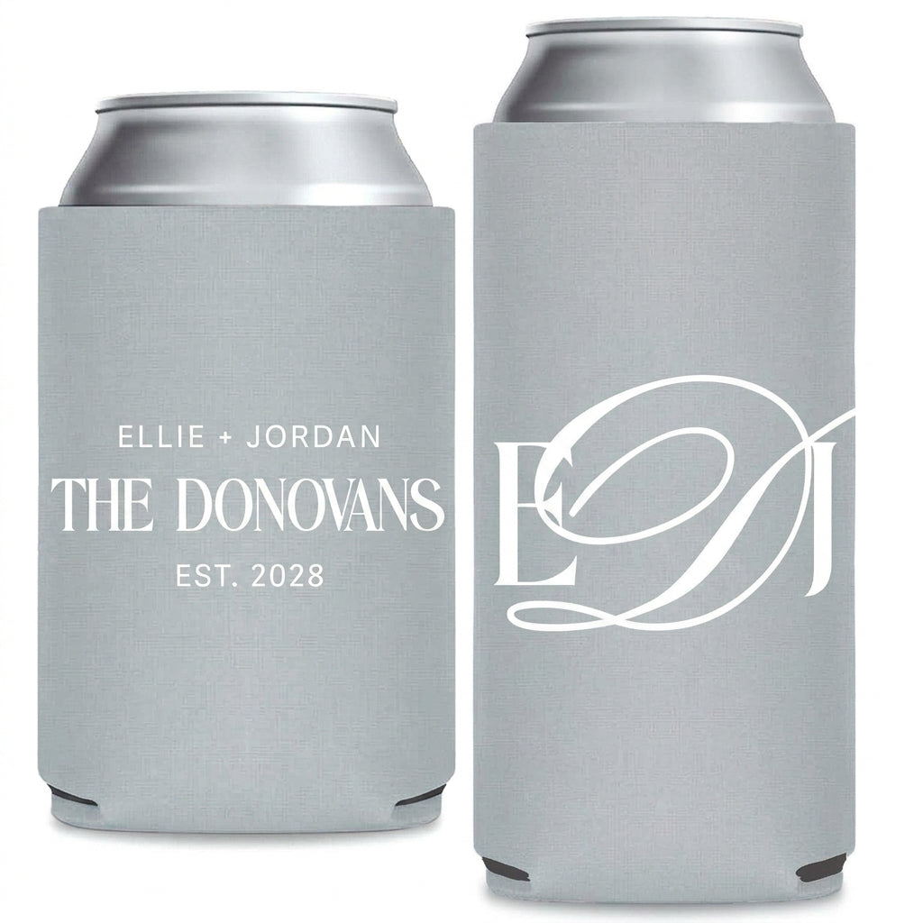 Modern Couple Monogram Wedding Can Coolers shown on standard and slim can coolers