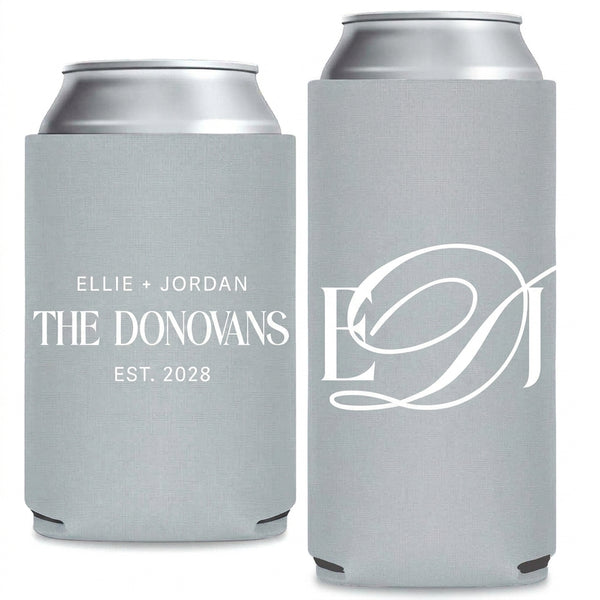 Modern Couple Monogram Wedding Can Coolers shown on standard and slim can coolers