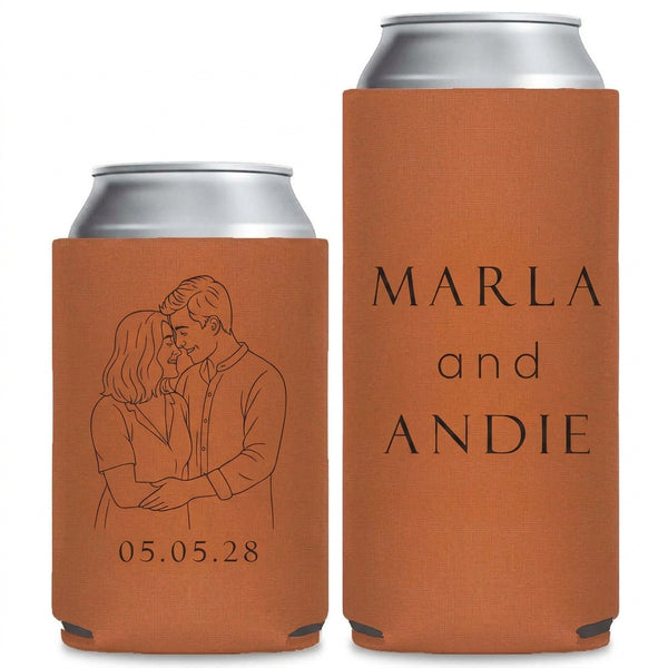 Mr And Mrs Wedding Can Coolers shown on standard and slim can coolers