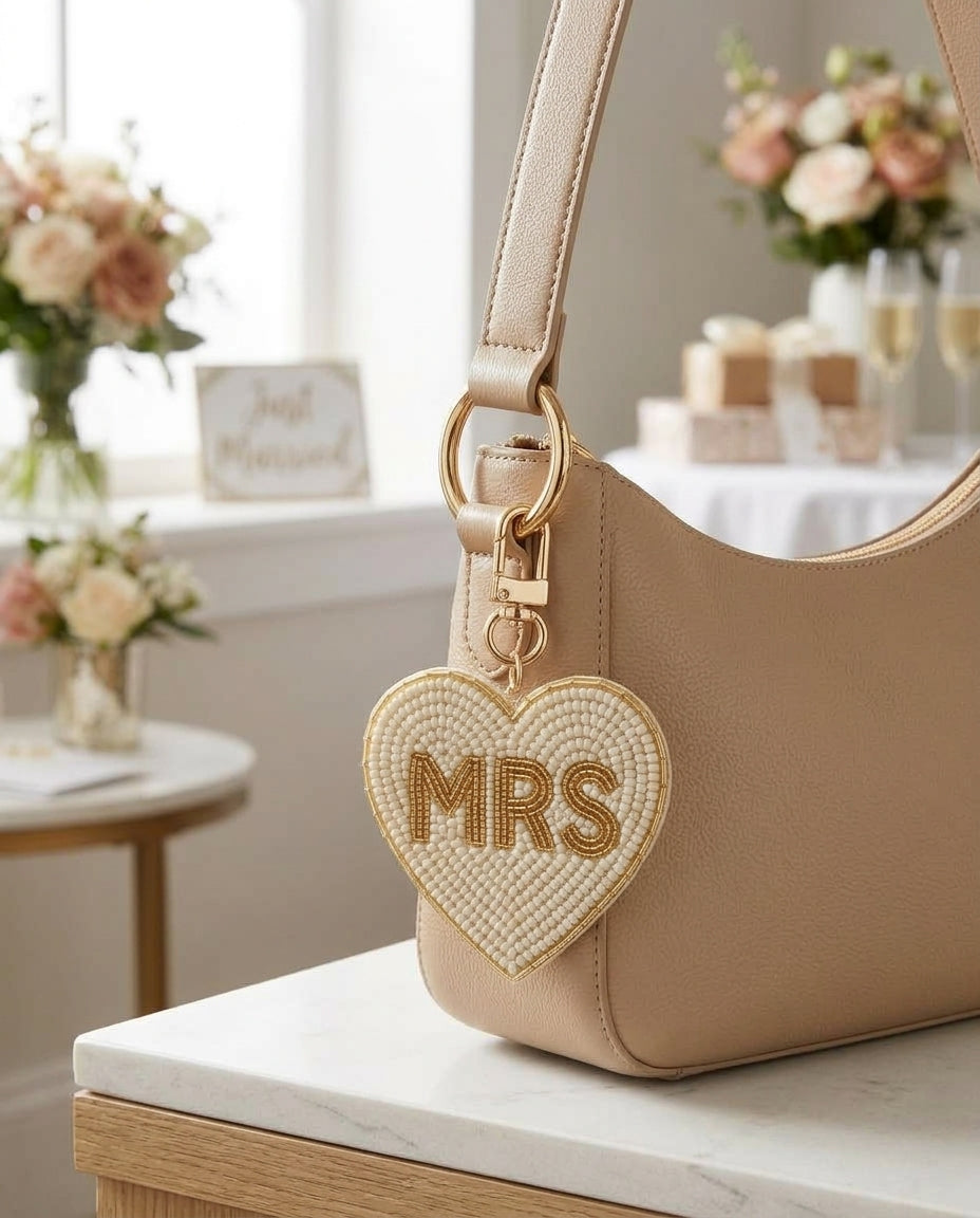 Personalized Mrs Beaded Bag Charm, Custom Pearl Heart Purse Clip, Bridal Keychain for Bride, Newlywed Honeymoon Bag Tag, Wedding Gift