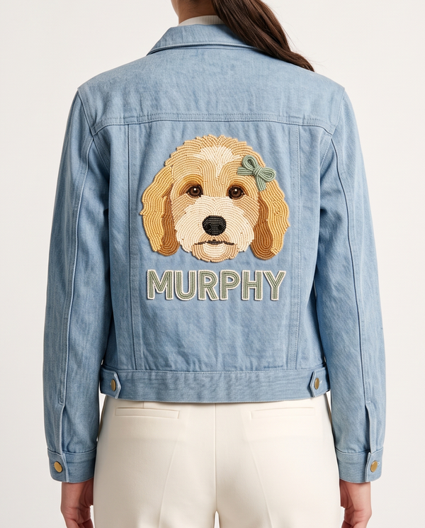Goldendoodle Sage Bow Beaded Denim Jacket