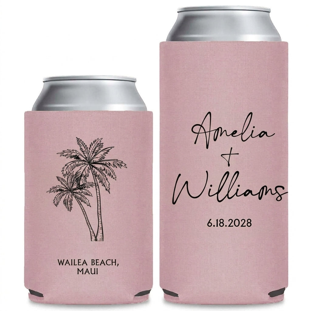 Palm Tree Paradise Wedding Can Coolers shown on standard and slim can coolers