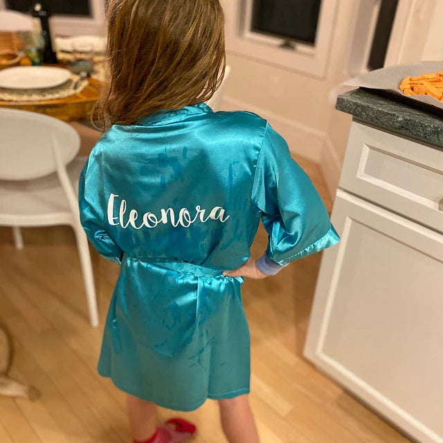Short satin robe with custom embroidered logo