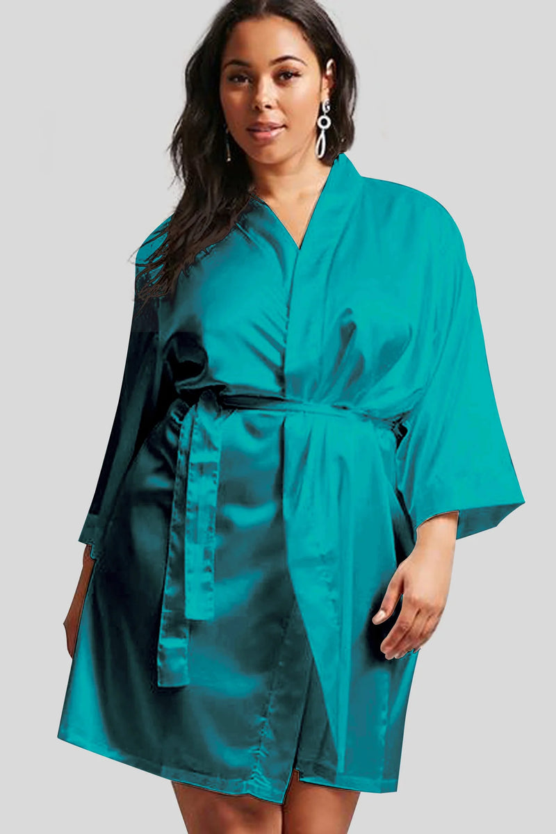 Front view of woman modeling personalized teal satin kimono bridesmaid robe — custom getting-ready robe for bridal party